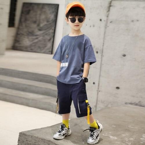 Kids boys cotton short-sleeved T-shirt shorts two-piece suit summer new big virgin shirt 4-12 years old