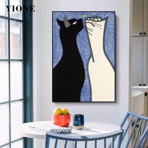 Two Cats Canvas Art Painting Cartoon Arrogant Black White Kitten Animal Wall Prints Picture for Kids Room Home Decoration Poster