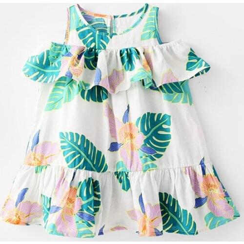 Summer Off Shoulder Printed Childrens Dress New Ruffle Short Sleeve Sweet Pleated Korean Girls' Skirt Fashion Princess Dresses