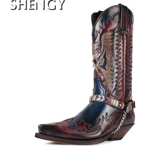 2020 Winter Mens Mid-calf Boots Retro Faux Leather Western Cowboy Boots Males Pointed Toe Outdoor Cool Motorcycle Boots Shoes