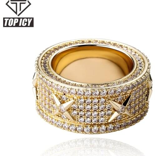 2021 New Arrival 11mm Thick Ring 6 Times 14k Diamond Gold Plated Brass Men Ring AAA+ Cubic Zircon Prong Setting Rings Jewelry