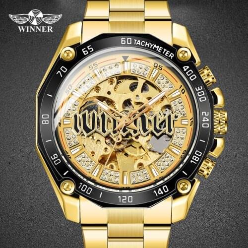 2020 New WINNER Golden Mens Watch Stainless Steel Skeleton Design Mechanical Automatic Male Watches Top Luxury High Quality
