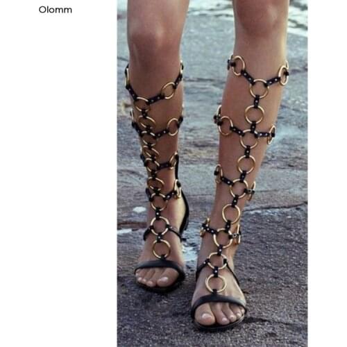 Olomm New Fashion Women Gladiator Sandals Bohemian Flat With Heels Sandals Open Toe Black Party Shoes Women US Plus Size 5-15