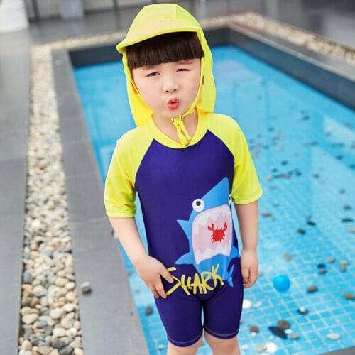 1-8 Y Boys Rash Guards Children One Piece Swimwear Shark Print Kids Short Sleeve Sandy Beach Wear with Sunny Hat Surf Suit