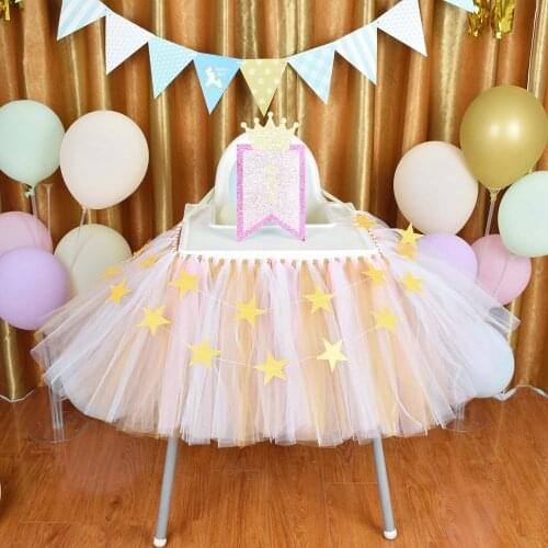 Gold/Light Pink Fluffy High Chair Tutu Skirt Baby Girls Boys Birthday Party Chair Skirt Cake Smash Party Table Cover Cloth