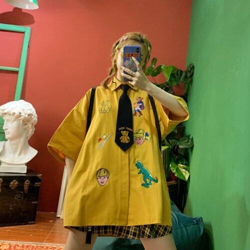 Harajuku Cute Cartoon Embroidery Turn-collar BF Boyfriend Shirt Short Sleeves