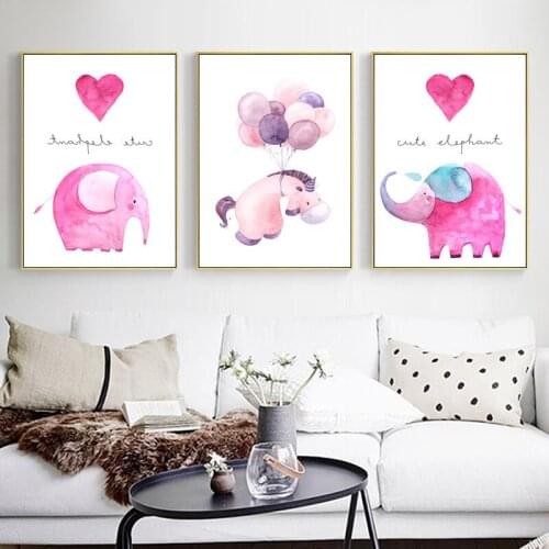 Scandinavian Little Fresh Fuchsia Horse Elephant Ballon Childrens Room Decorative Mural Cartoon Lovable Animal Prints Wall Art