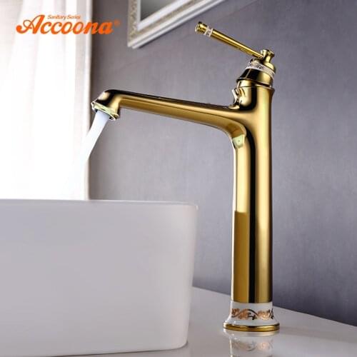 Accoona High Platform Basin Faucet Single Handle For Hot And Cold Water European Style Bath Gold Ceramic Basin Faucets A91105W