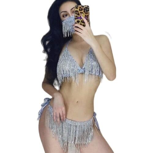 Rhinestones Tassel Decoration Bikini Set Face Mask Shiny Costume For Women Ladies Nightclub Performance Party Evening Costume