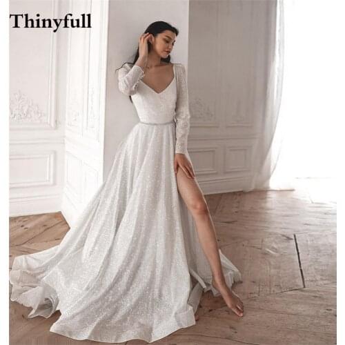 Thinyfull Glitter 2021 Long Sleeves V Neck Boho Bridal Gowns With Sashes Shiny Side Slit Beach Wedding Dresses Mariage Gowns