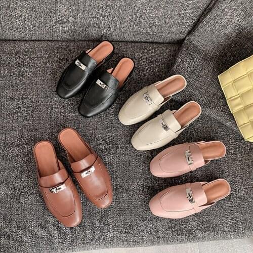 MKKHOU Fashion Muller Shoes Womens New Summer Genuine Leather Metal Buckle Low Heel Casual Slippers Lazy Shoes
