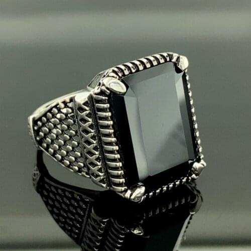 Turkish Handmade Black Stone Ring, Zircon Stone Ring, 925k Sterling Silver, Square Stone Ring