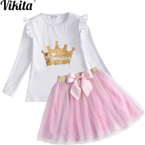 VIKITA Girls Autumn Clothes Set Kids Sequins Long Sleeve Tops T shirt + Bow Tutu Skirt 2PCS Toddlers Party Princess Sets