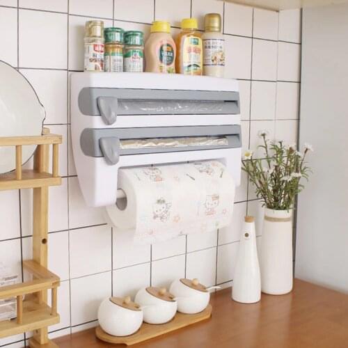 Wall-Mount Paper Towel Holder Sauce Bottle Storage Rack Kitchen Organizer Preservative Film Dispenser Sauce Roll Paper Storage