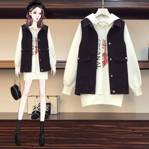 Real photo of 2021 spring dress new large size loose medium length hooded printed sweater denim waistcoat womens coat