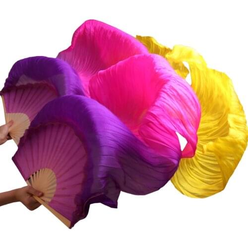 2018 High selling 100% Real Silk Veils 1 Pair handmade women Quality Silk Belly Dance Fan Dance purple +rose+ yellow