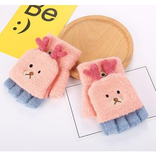 2019 Winter Childrens Warm Gloves Cute Cartoon Students Cashmere Knit Flip Half Finger Gloves