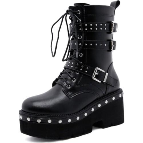 2021 Spring Lace-up Womens Motorcycle Boots Round Toe Platform High Heels Womens Ankle Boots Gothic Shoes Studded Martin Boots