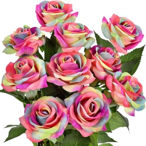 8Pcs Rainbow Artificial Rose Flower Real Press Artificial Silk Flower Fake Roses For DIY Bouquets Wedding Party Decor-ABUX