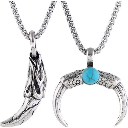 Stainless Steel Amulet Viking Punk Men Necklace Wolf Claws Rivet Alloy Pendants Statement Long Chain Women Fashion Rock Jewelry