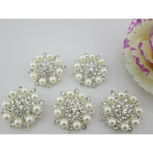 BT283 35mm)5pcs Metal Rhinestone Button Shiny Ivory Pearl Beads Decorative Buttons Craft Supplies