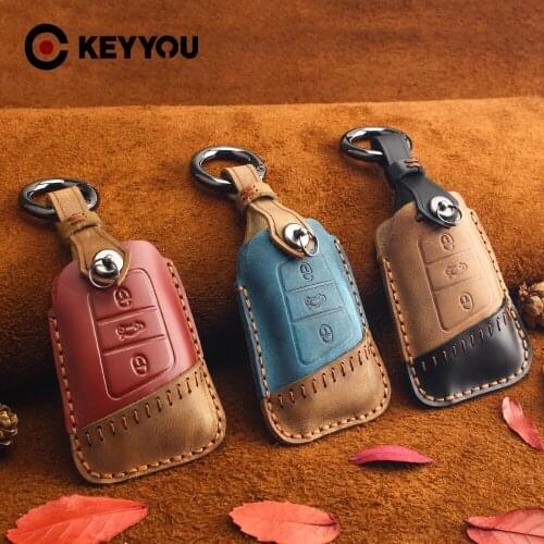 KEYYOU Genuine Leather Car Key Holder Case For Volkswagen VW Tiguan MK2 Magotan Passat B8 CC For Skoda Superb A7 2017 2018