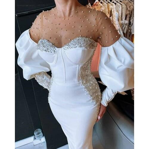 Elegant White O-neck Evening Dresses Long Sleeves Pearls Beaded Arabic Formal Dresses Dubai Long Prom Party Gowns robe de soirée