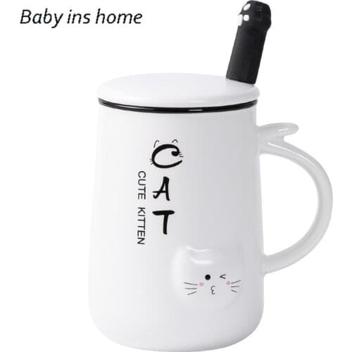 Milk Water Coffee Cup Cute Coffee Mugs and Cups 400ml Kawaii Cat Ins Ceramic Cup Student Korean Style Cartoon Mug with Lid Spoon
