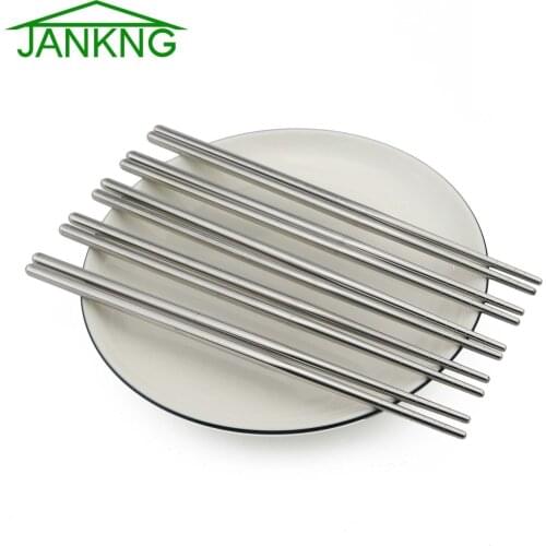 JANKNG 5 Pairs Stainless Steel Sliver Chopsticks Chinese Reusable Non-Slip Hashi Sushi Sticks Food Chop Sticks Kitchen Tools