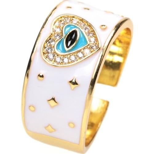 Enamel Dripping Oil Eye Heart CZ Ring For Women Fashion Jewelry Gift, Adjustable Copper Gold Plated Open Finger Ring