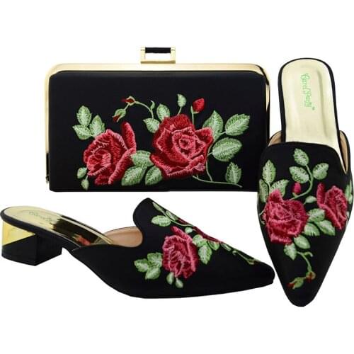 Black Shoes and Nigerian Party Bag Sets for Women Italian Shoes and Bag Set Decorated with Ladies Shoe Med heel MM6003