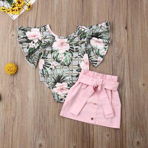 2PCS Newborn Baby Girl Floral Clothes Set Tops Romper+Skirt Outfits Clothes Summer Flare Sleeve Girls Clothing