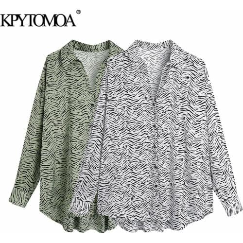 KPYTOMOA Women 2021 Fashion Oversized Animal Print Blouses Vintage Long Sleeve Button-up Female Shirts Chic Tops
