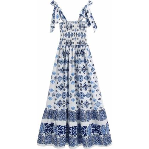 Summer Womens Casual Printed Bowknot Decorated Slim Sling Dress