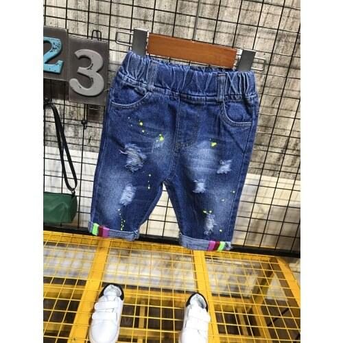 Summer Denim Shorts for Children Boys Jeans Shorts Baby Fashion Washing Blue Painting Printing Vintage hole jeans 2-6years