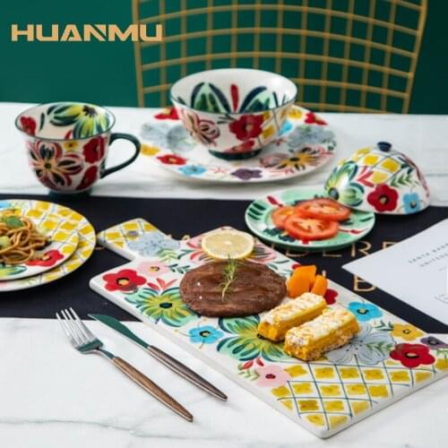 American Tableware Set Home Combination Bowl and Plate Ceramic Tableware Steak Flat Plate Mug Water Cup Handmade Dinner Plate