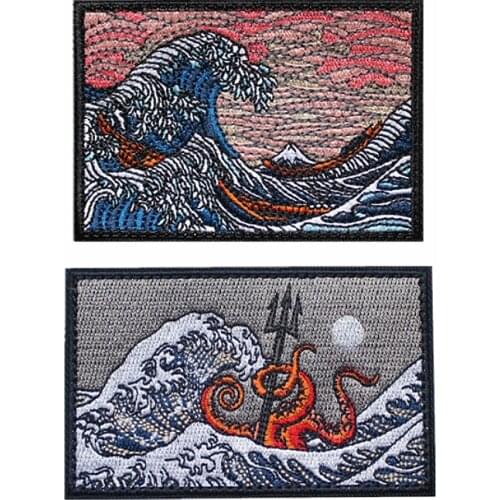 Great Wave Kraken Trident Octopus Ukiyoe Embroidery Velcro Patch Sunrise Tactical Badge DIY Armband For Clothes Bag Appliqued