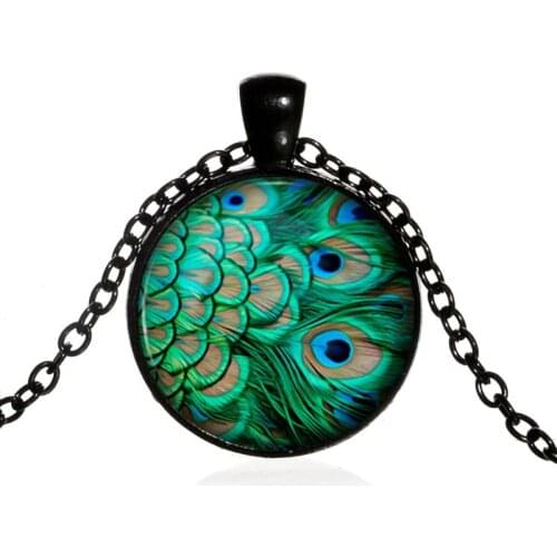 Peacock Pendant Handmade Peacock Necklace Vintage Round green Jewelry Art Print Peacock Jewelry Accessories