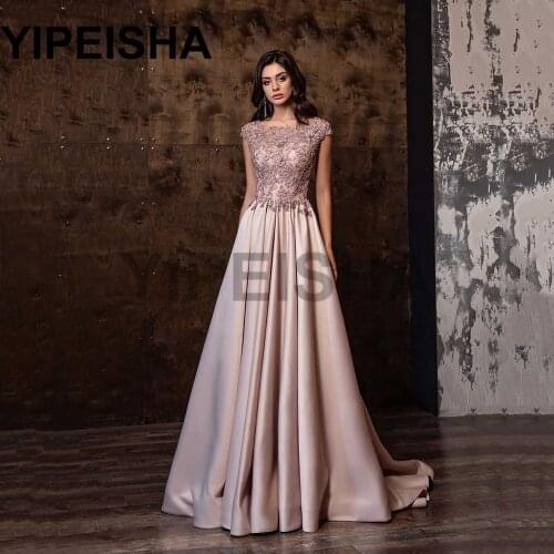 O-Neck Short Sleeve A-Line Lace Appliques Evening Dress Sweep Train Floor Length Prom Gown vestidos de fiesta robes de soirée
