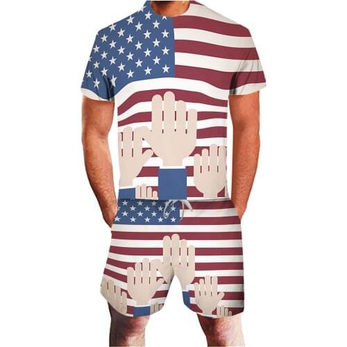 64# Casual Mens Sets Summer American Flag 3d Printing Tshirt + Shorts Independence Day Sports Suit Men Clothes Комплекты Одежды