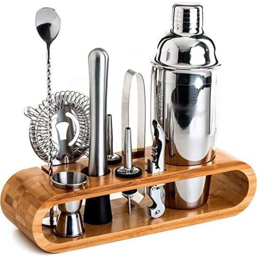 NEW 10pcs Cocktail Shaker Set 750ML/550ML kit Bartender Kit shakers Stainless Steel Bar Tool Set with Stylish Bamboo Stand