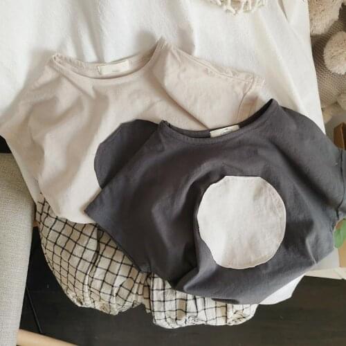Neutral wind circle patch washed cotton loose short-sleeved T-shirt Retro-tone Korean boys and girls P4149