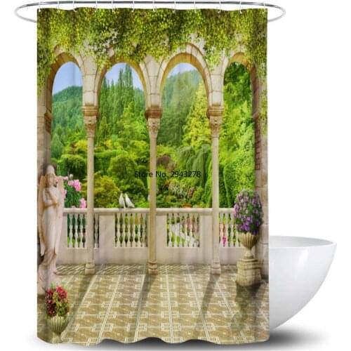 European Style Patio Scenery Print Shower Curtain Bathroom Blackout Shower Curtain Large 180x200cm for Bath Curtain with Hooks