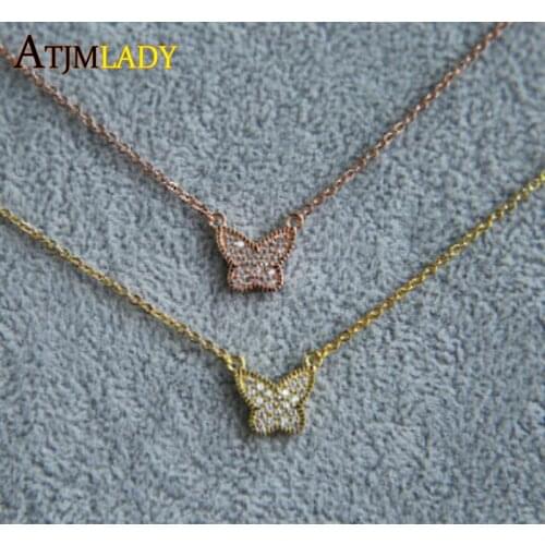 New 925 Sterling Silver Chain rose gold cz cute butterfly necklace Women jewelry