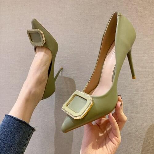 Big Crystal Buckle Womens Shoes 2020 New Solid PU Shallow Women Pumps High Heels Fashion Party Woman Wedding Shoes