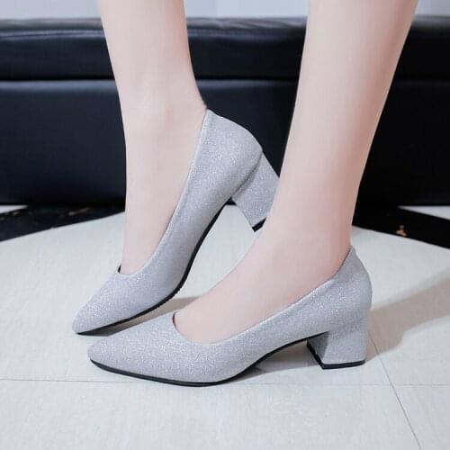 High Heels Thick With Sequins Shallow Mouth 2019 Spring New Silver Pointed With Wild Womens Shoes With A Single Shoes Tide