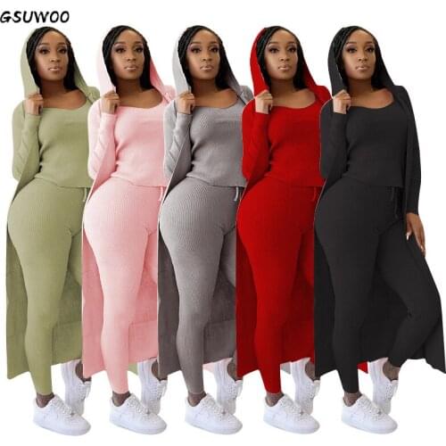 Gsuwoo Womens Long Sleeve Three-piece Set Autumn Winter Ribbed Hooded Long Jacket Vest Pencil Pants Outfits Casual Clothing