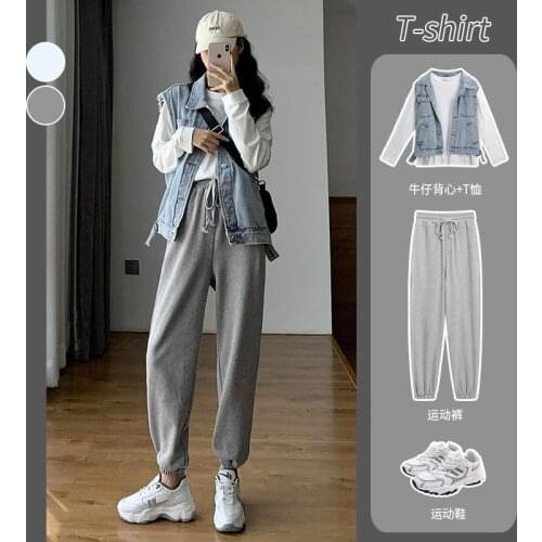 Plus Size Womens Suit Women 2021 New Fashion Solid Color Long-sleeved + Denim Vest + Casual Pants Three-piece Suit