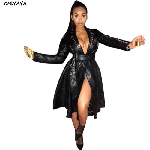 Women new 2019 PU faux leather long sleeve eyelet deep v-neck with belt pleated big swing long jackets coat dress GLMH5901