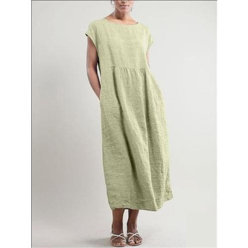 COTTON LINEN Short Sleeve Women Dress A-LINE O-Neck Loose Waist Pocket Mid-calf Lady Dress Casual Loose Plus Size 5XL
